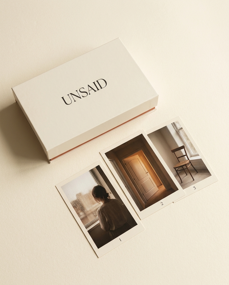 The Unsaid Deck — cream box with photographic cards