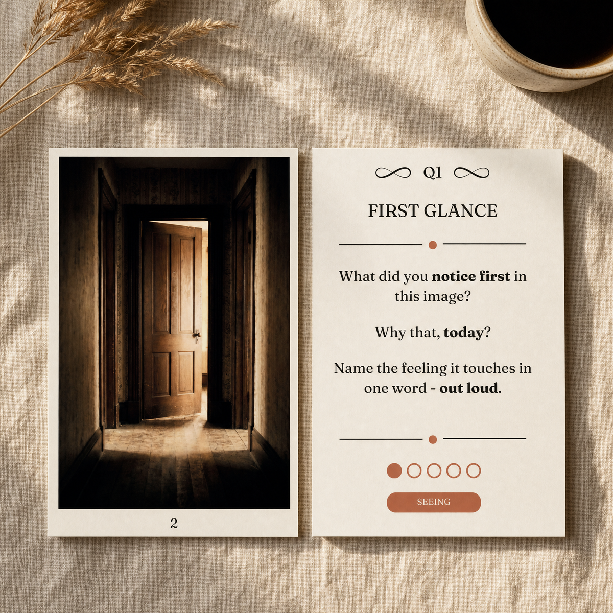 The two-draw method — image card beside the First Glance question card